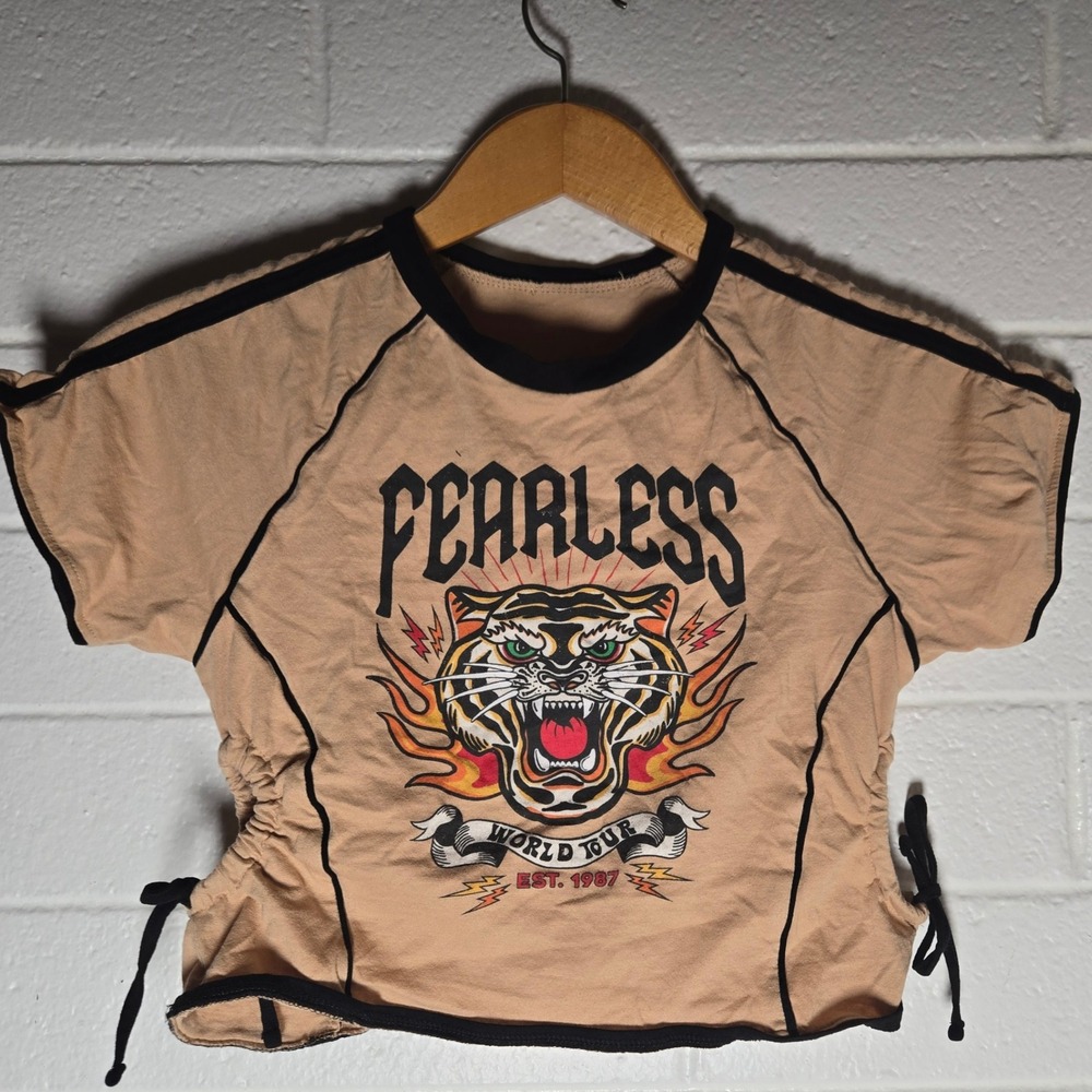 Fearless World Tour Tiger Graphic Crop Top Small Tan Side Tie Ruched Biker Y2K
